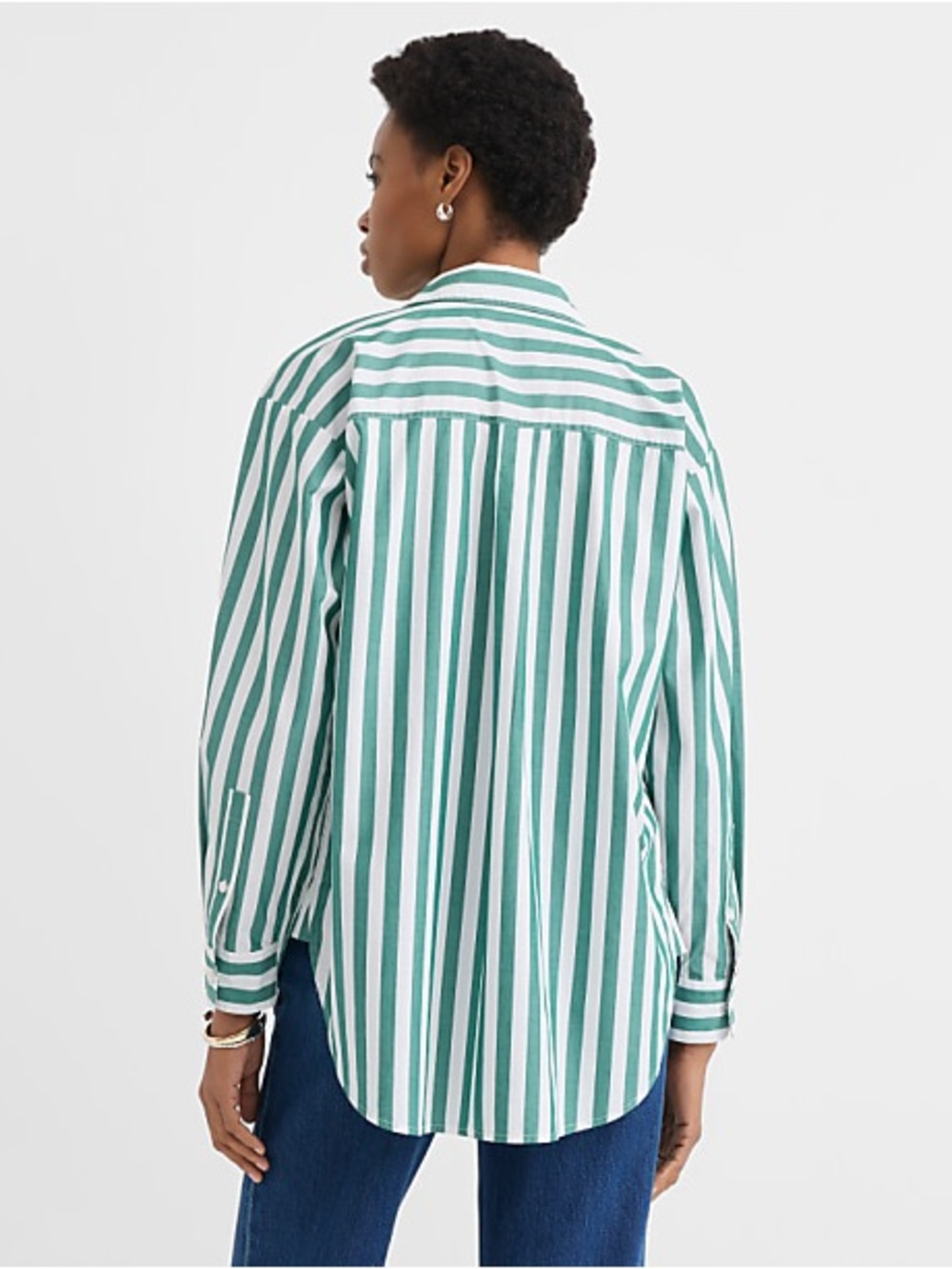 LOFT Striped Poplin Everyday Oversized Pocket Shirt Green White Size Medium - Picture 3 of 9